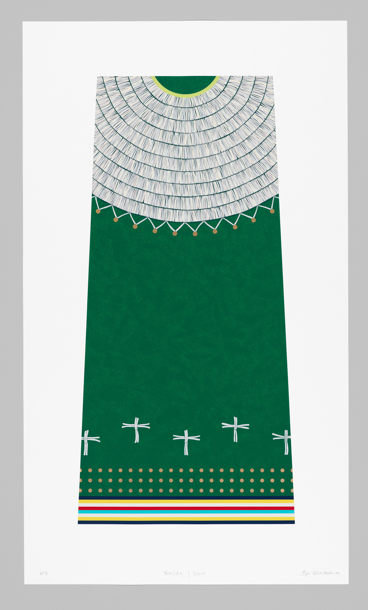 Graphic print with abstract design resembling a green garment with white lines and wind turbines at the bottom.