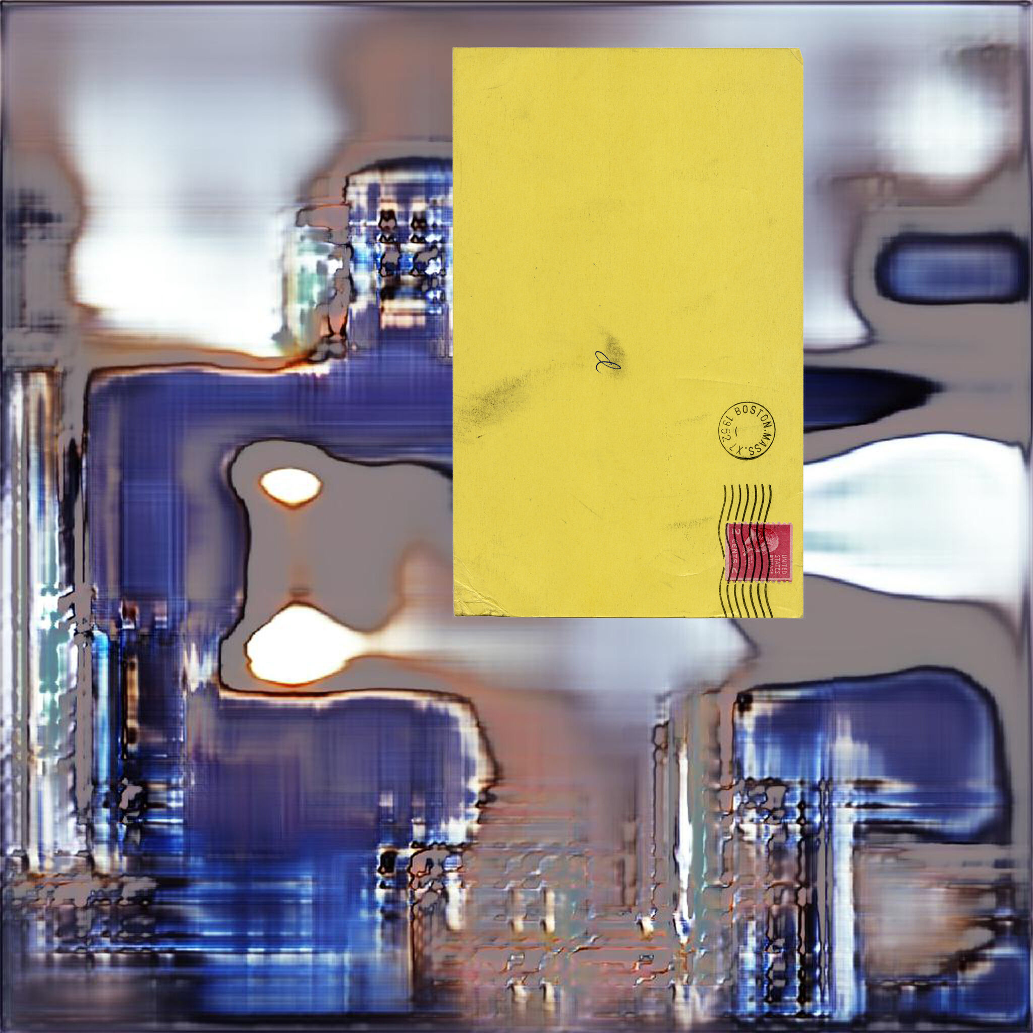 A yellow letter with a red stamp on top of distorted and warped blue, brown, and white shapes.