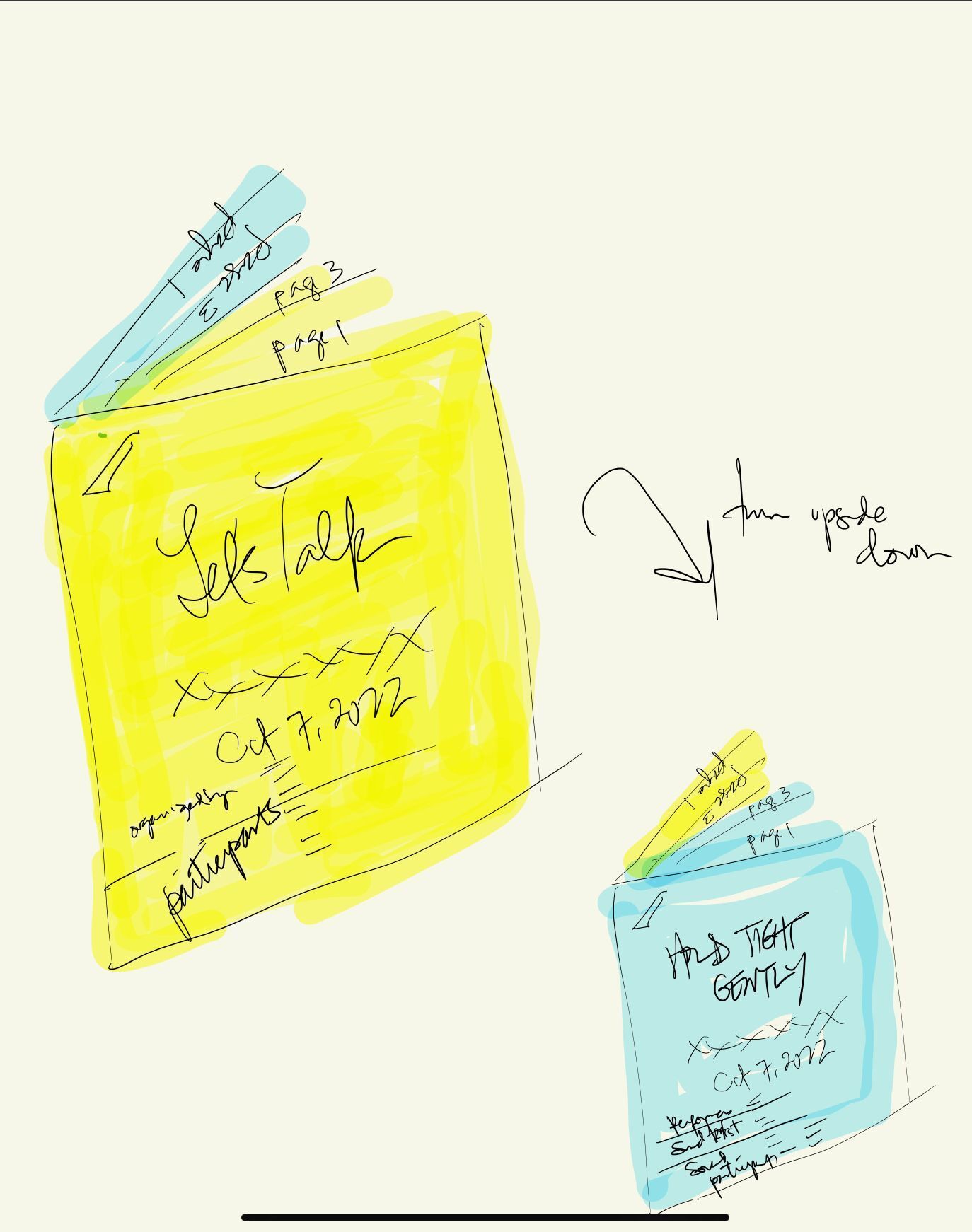 A hand drawn sketch of a folded paper program with the title "Let's Talk" on one side and "Hold Tight Gently" on the other.