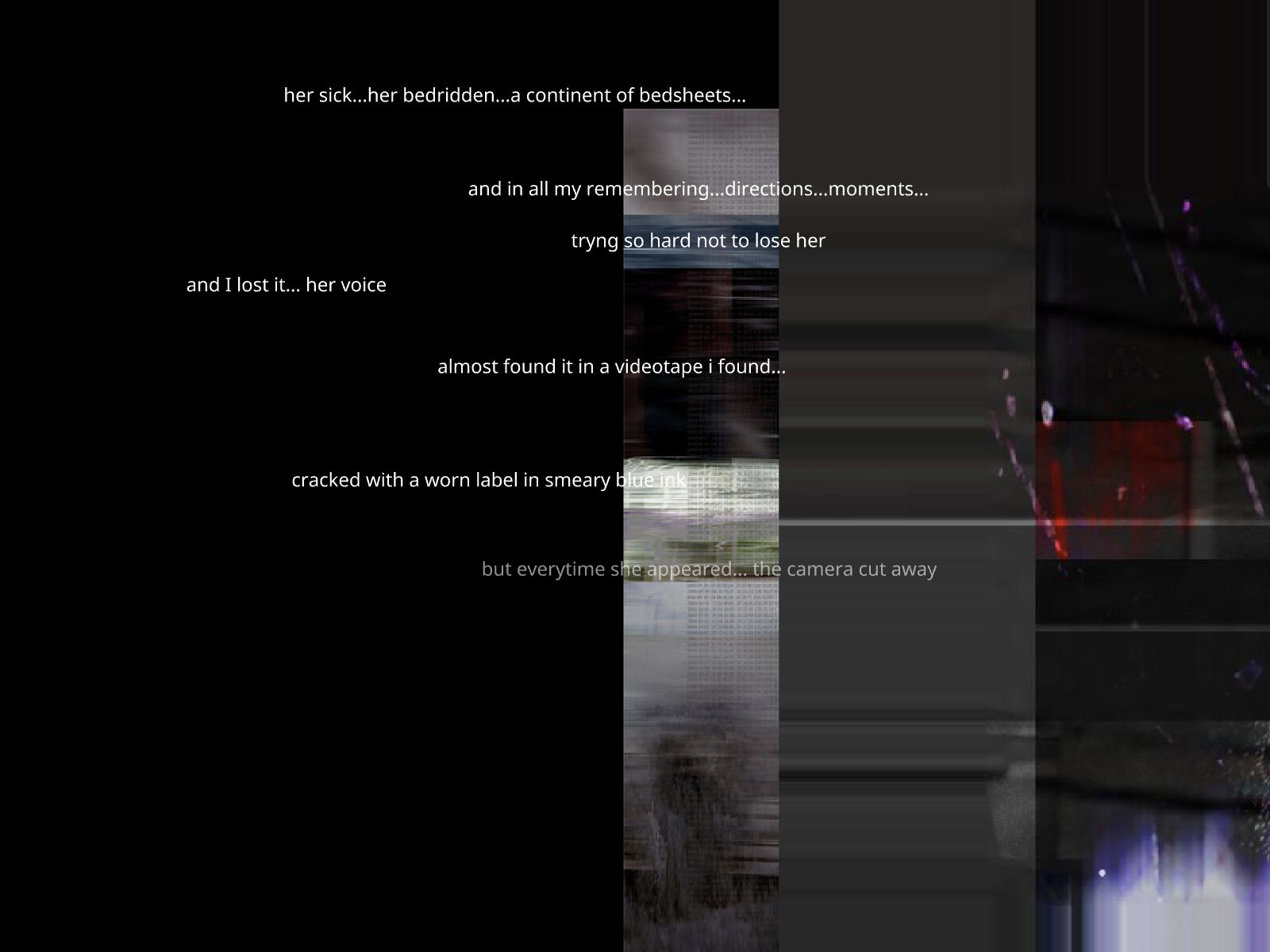 Small text on a black background with rectangles of different moody images partially visible in the background.