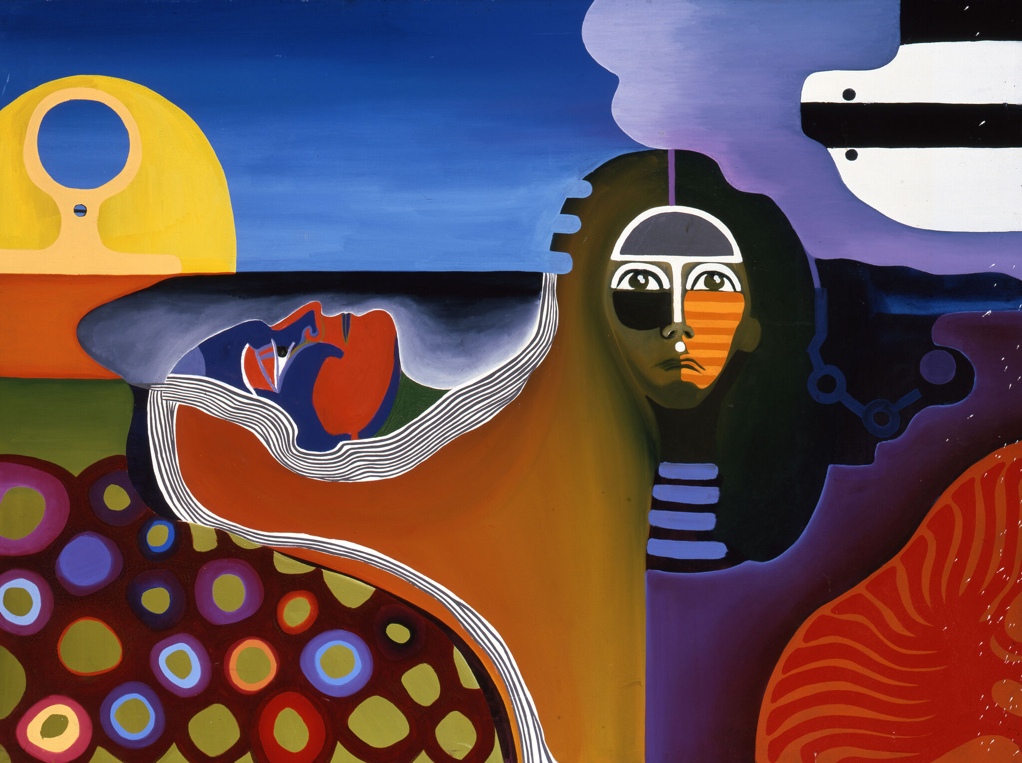 Colorful abstract painting with a face, geometric shapes, and vibrant patterns. A sun-like circle and a mix of blue, orange, and red hues.